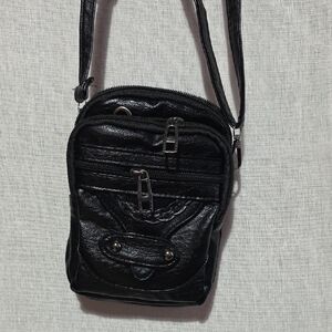 Black Faux Leather Multi Pocket Crossbody Bag Small Travel Shoulder Purse